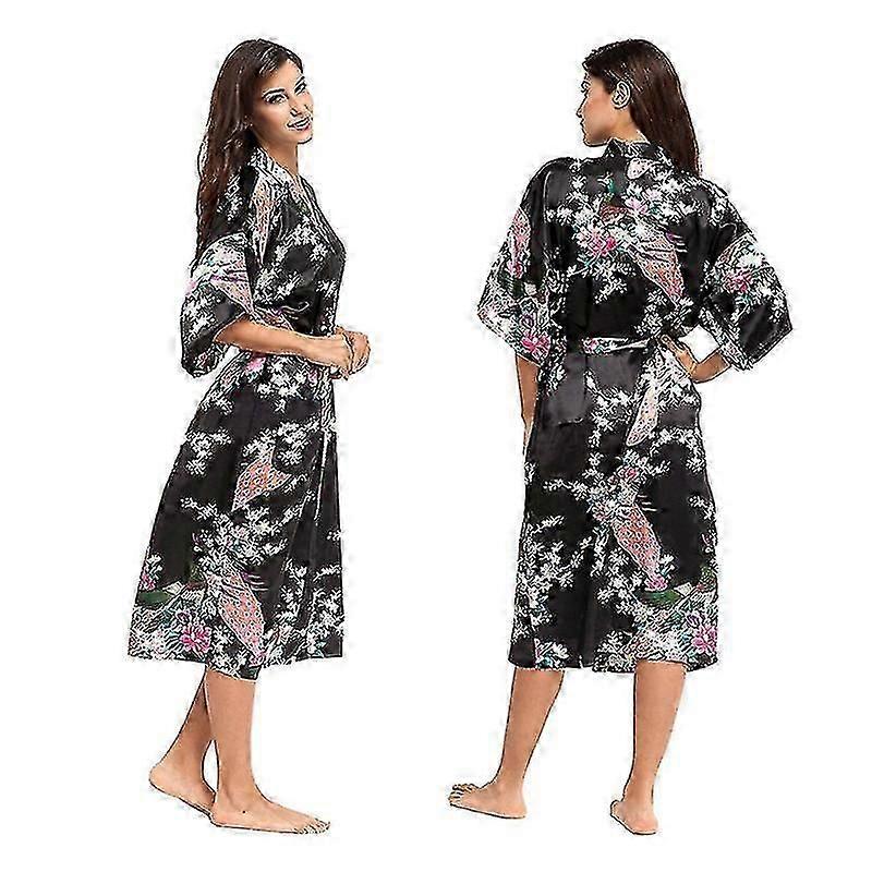 Kvinnor Lyx Soft Silk Satin Kimono Robe Klänning Lång Badrock Nattkläder Sovkläder