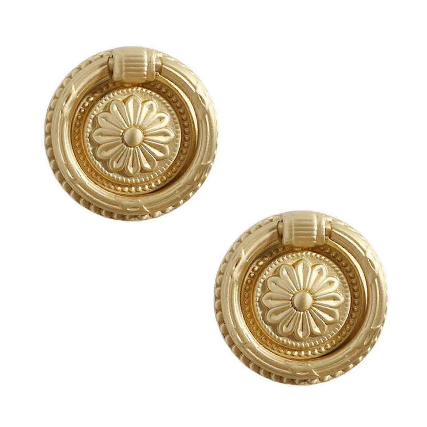 Brass Drawer Knobs 2 Pcs Vintage Flower Pattern Cabinet Pulls Retro Gold Ring Knobs for Dresser Drawers Single Hole