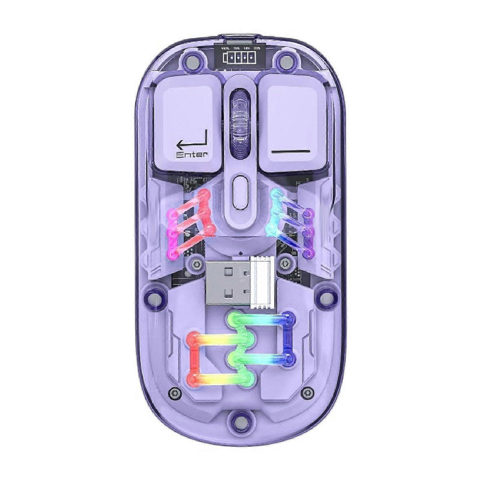 Cordless Gaming Mouse 2.4G BT 5.0 Dual Mode Optical RGB Thin Rechargeable Mouse For Laptop PC Tablet Transparent Violet