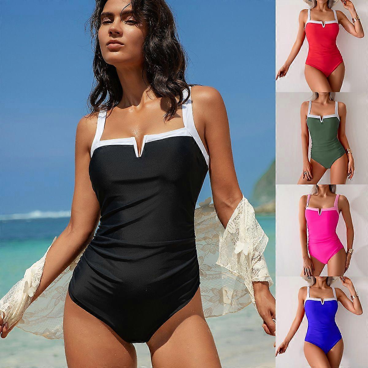 Square Neck One-Piece Swimsuit  Colorblock Design with Elegant Contrast Trim