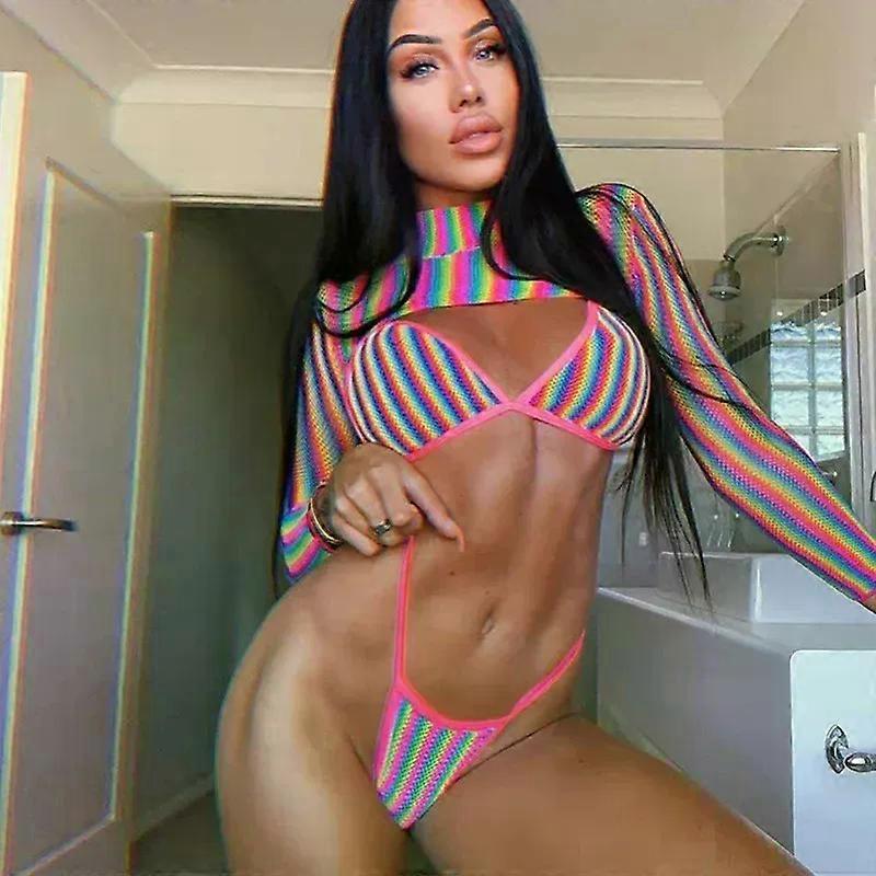 The Season New Bikini Three-Piece Set Rainbow Stripes Gradient Print Long Sleeve Sunscreen Swimwear Sportswear And A