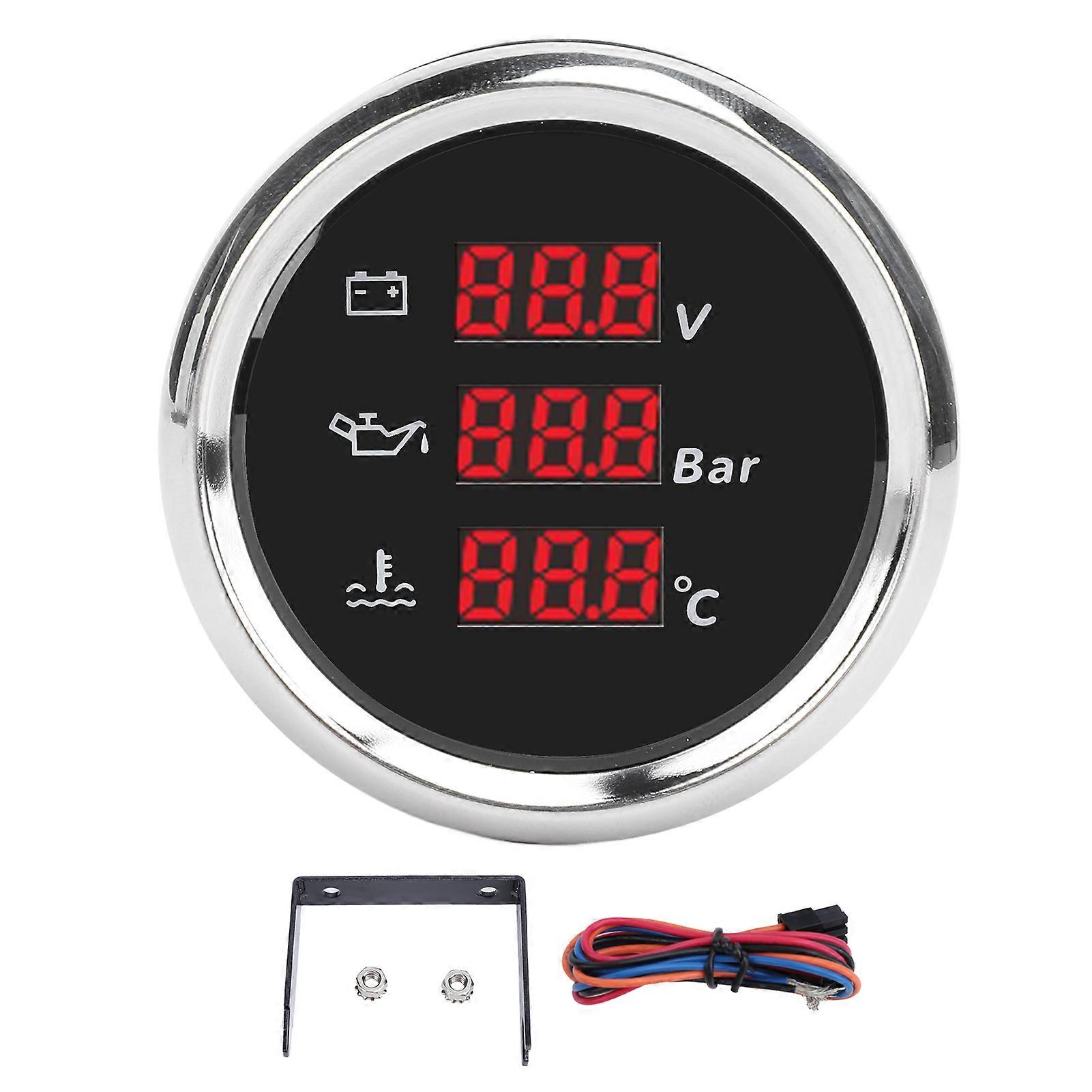 52mm Oil Pressure & Water Temperature Gauge Red Backlight Waterproof Digital Marine Boat Yacht RV 9-32V DC Black Dial Silver Bezel