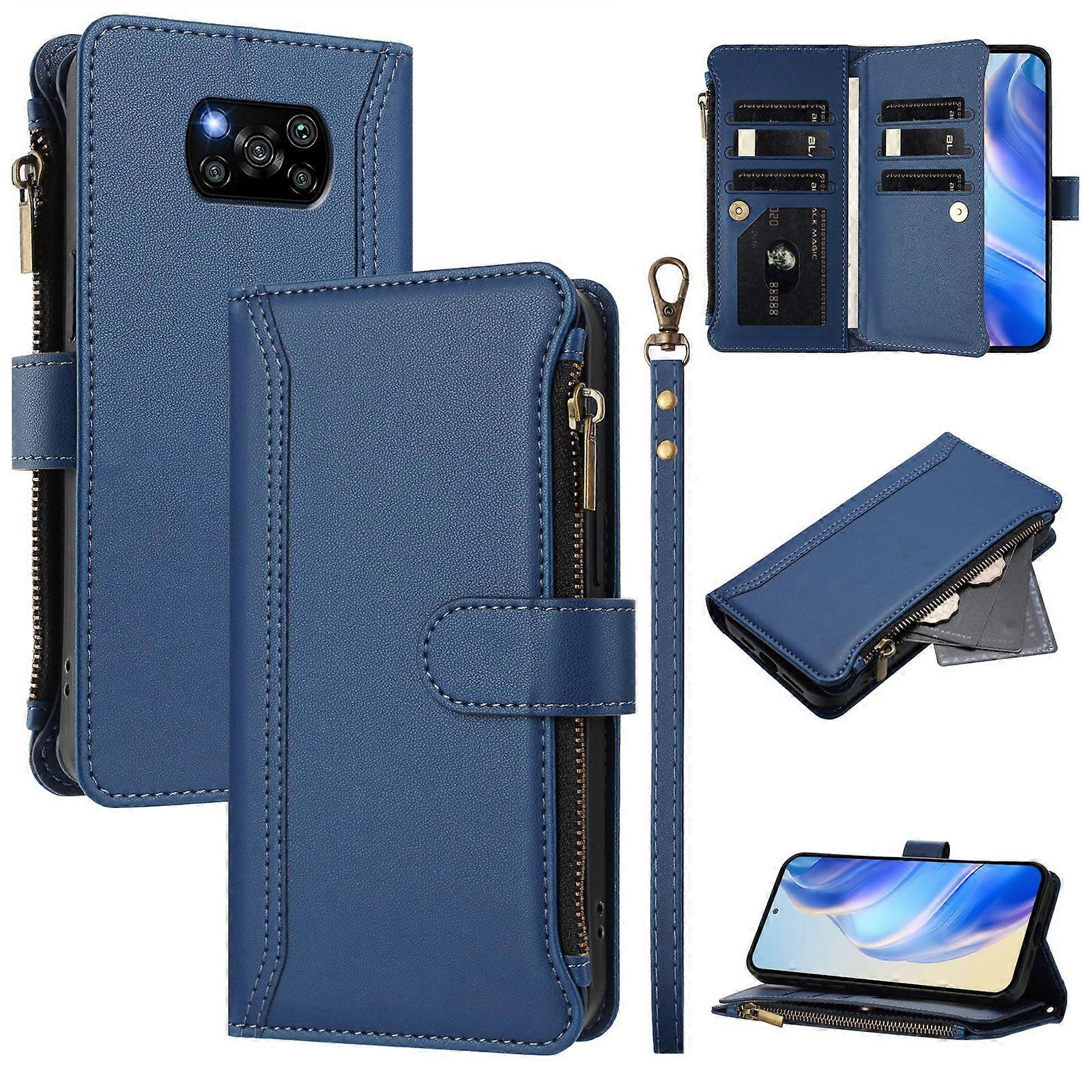 Case for Xiaomi POCO X3/X3 Pro/X3 NFC Premium Leather Zipper Pocket Wallet Phone Case with 9 Card Slots and Detachable Wrist Strap