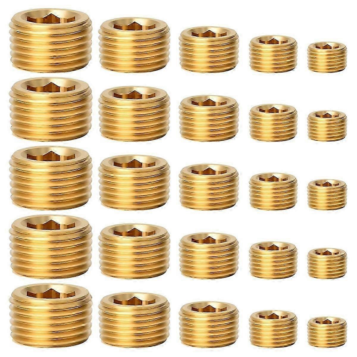 25Pcs Brass Pipe Plug Fitting,1/8 1/4 3/8 1/2 3/4Inch Male Internal Hex Thread Socket Pipe Plug Fit
