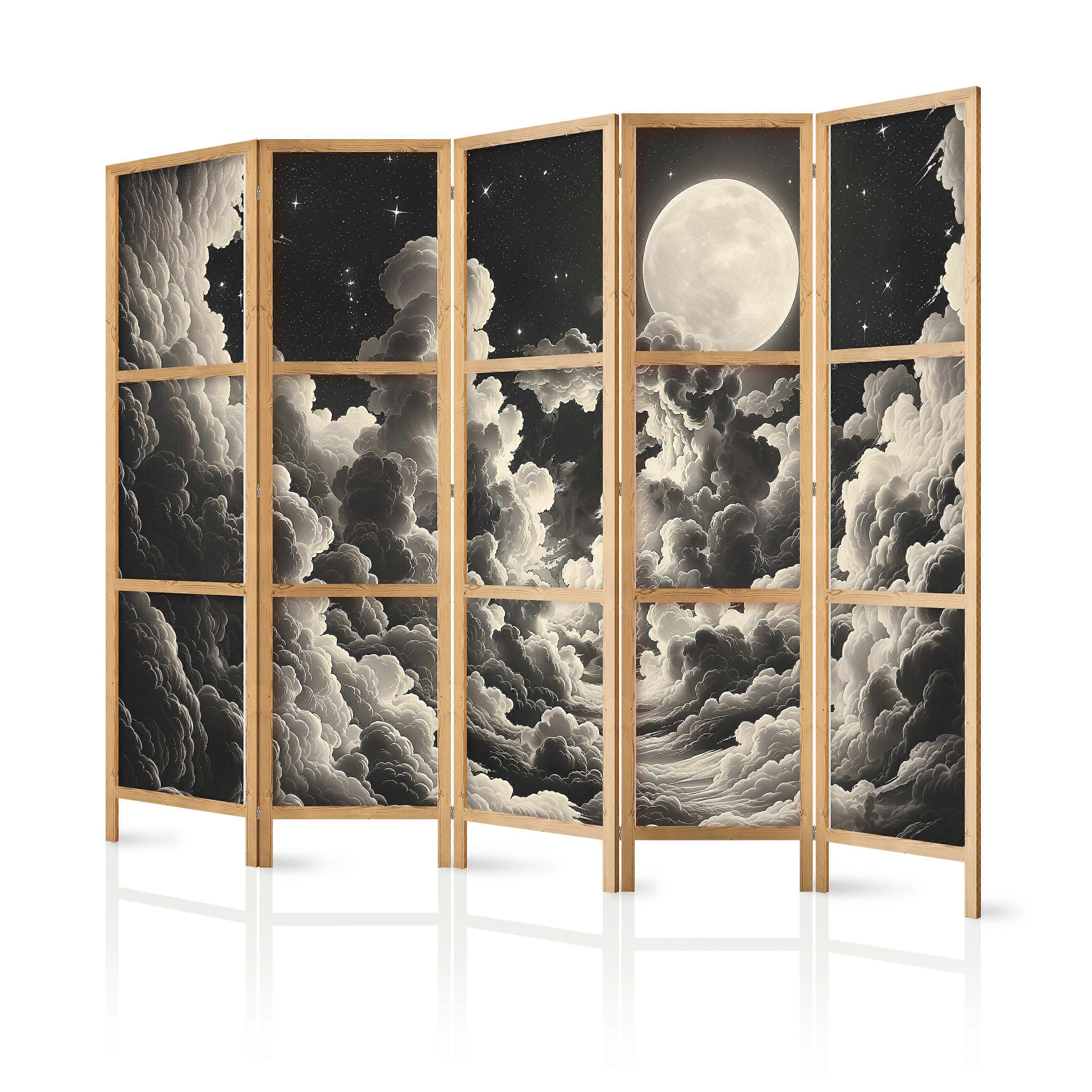 Japanese screen - moon and stars sing between big clouds
