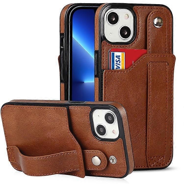 Compatible For iPhone 13 6.1 inch RFID Function Scratch-resistant Hand Strap Kickstand Design PU Leather Coated TPU Cover