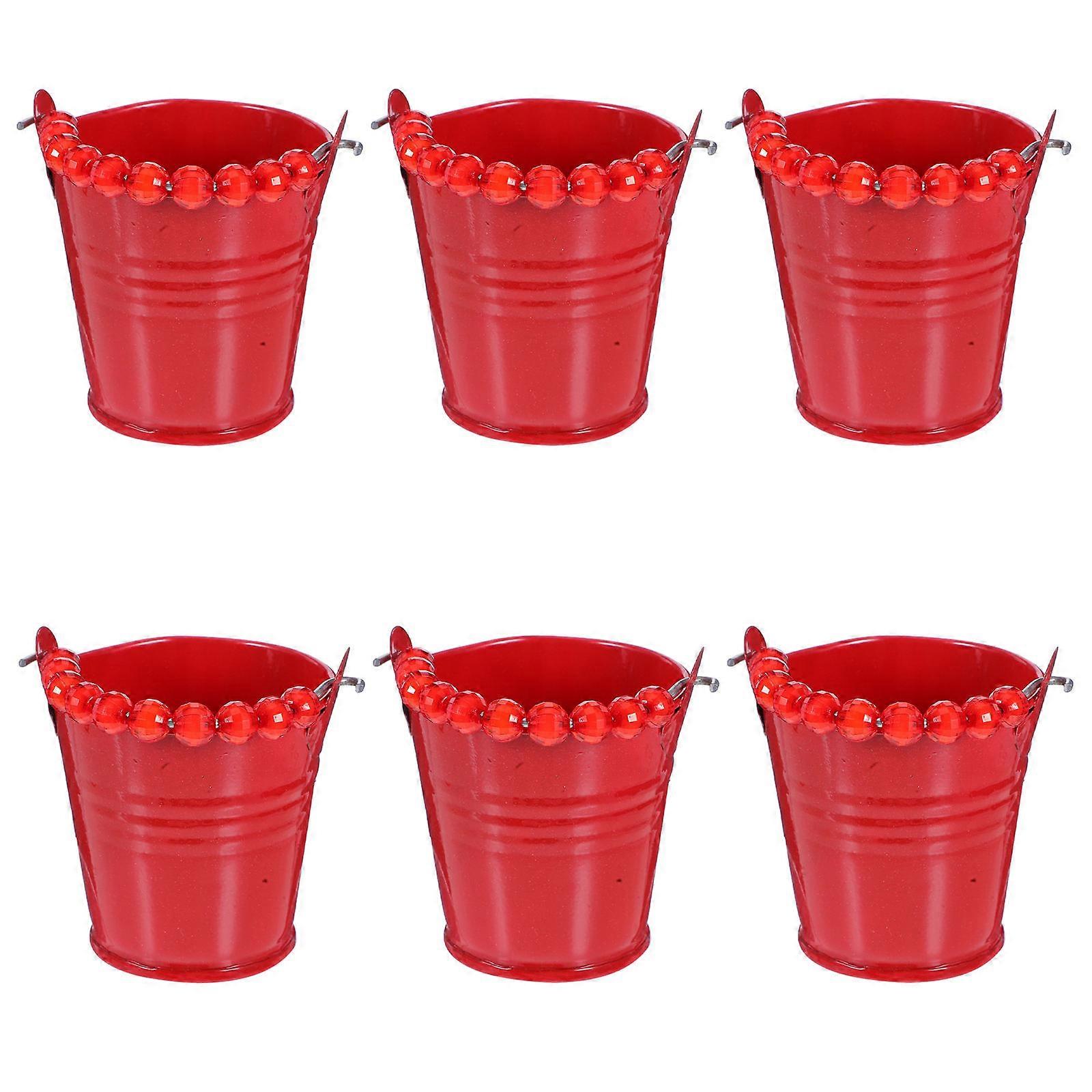 Small Metal Bucket For Party Favors And Crafts Decorative Iron Pails With Handles Round Shape Red Color 6Pcs