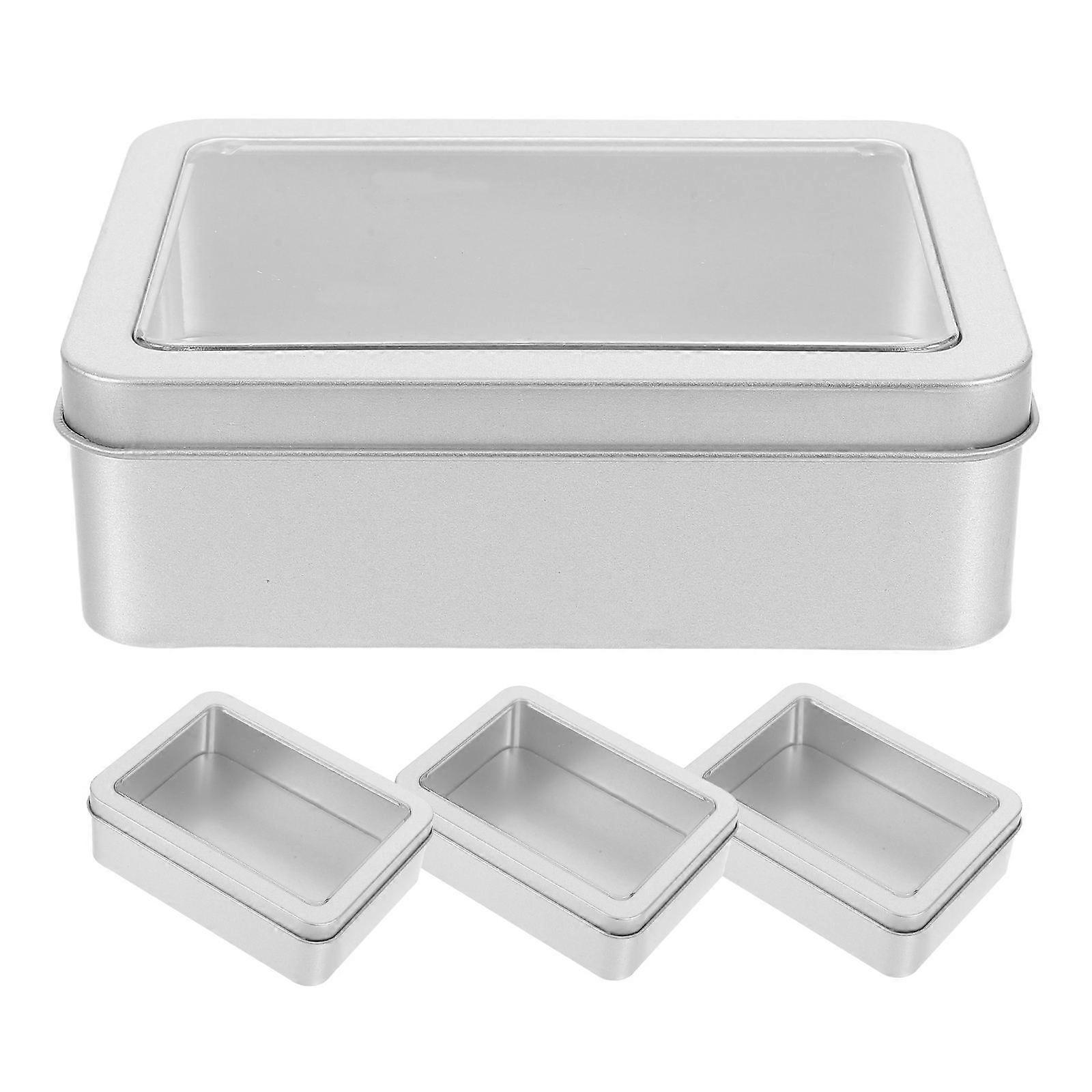 Storage Container With Window Simple Design Transparent Lid Rectangular Tinplate Container For Cookies 4.9X3.5X1.6in