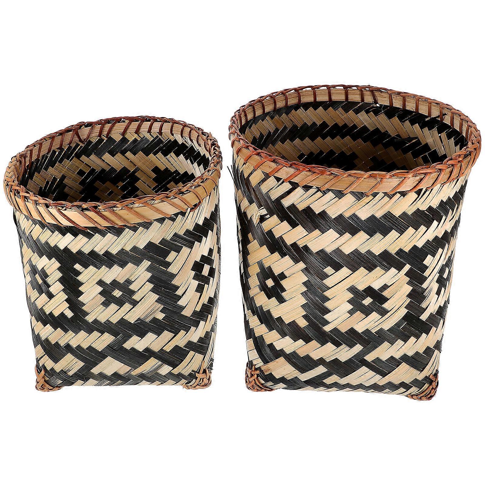 Bamboo Woven Wastebasket Storage Bin for Bathroom, Laundry & Room Use   2pcs Set with Random Pattern Design