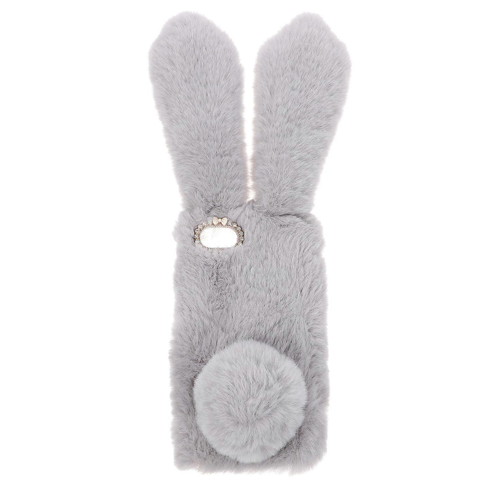Soft Light Grey Plush Rabbit Phone Case with Sparkling Rhinestone Frame, Fluffy Bunny Design, Shockproof TPU Cover with Precise Cutouts