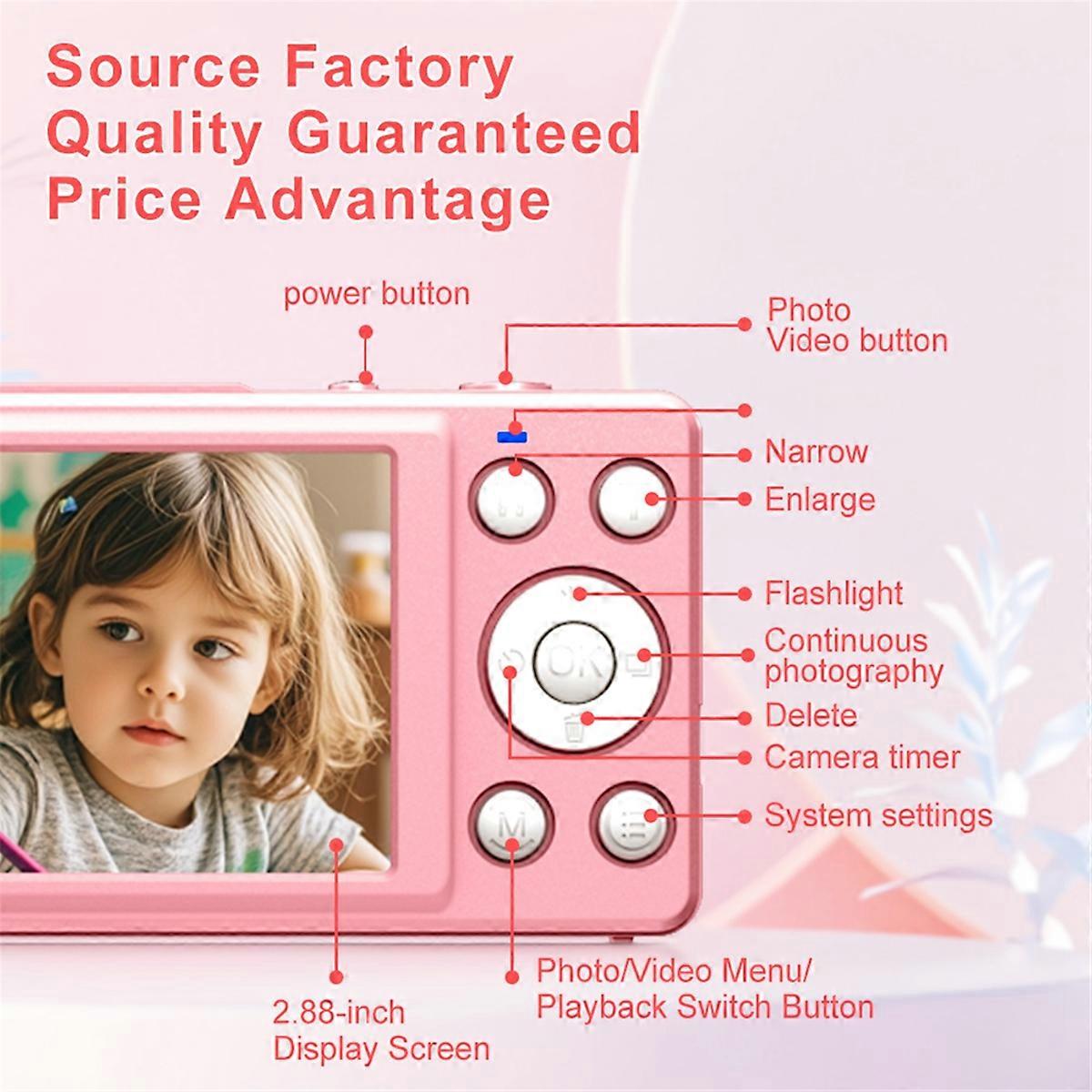 4K Digital Camera 2.88 Inch HD Display 18x Video Recorder Camera LED Fill Light 800mAh Battery Vlogging Camera Pink