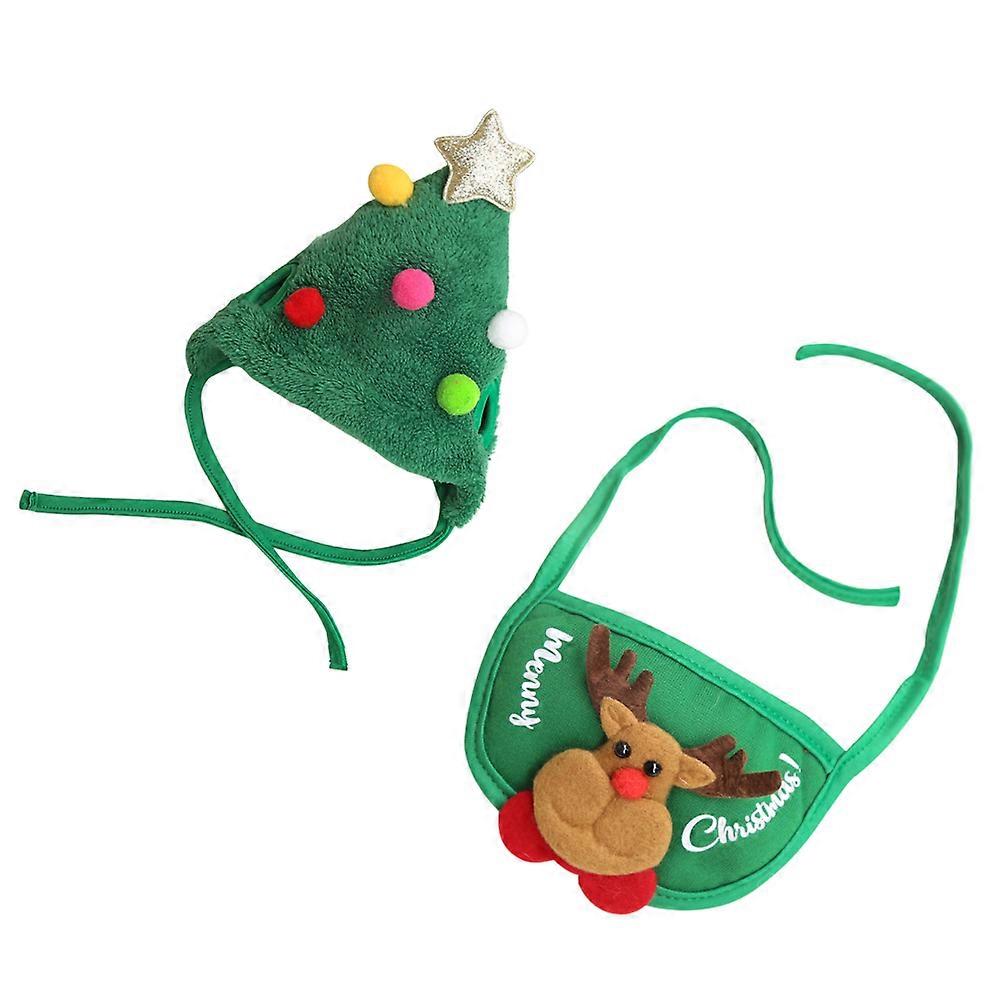 Unique Pet Dressing Decoration Set With Saliva Towel And Decorative Hat For Dogs And Cats In Green Color Perfect For Christmas Occasion 2Pcs