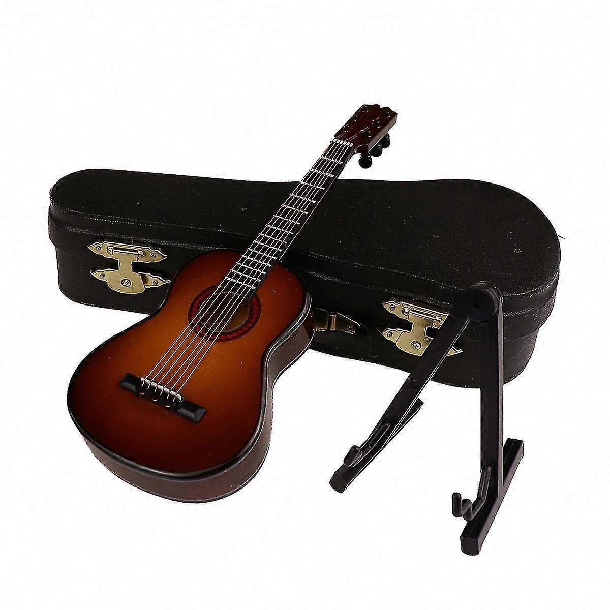 نموذج غيتار خشبي صغير مع حامل وحالة - ديكور بيت الدمى ، زخرفة حرفية صغيرة ، شاشة منزلية (بني ، 10 سم)