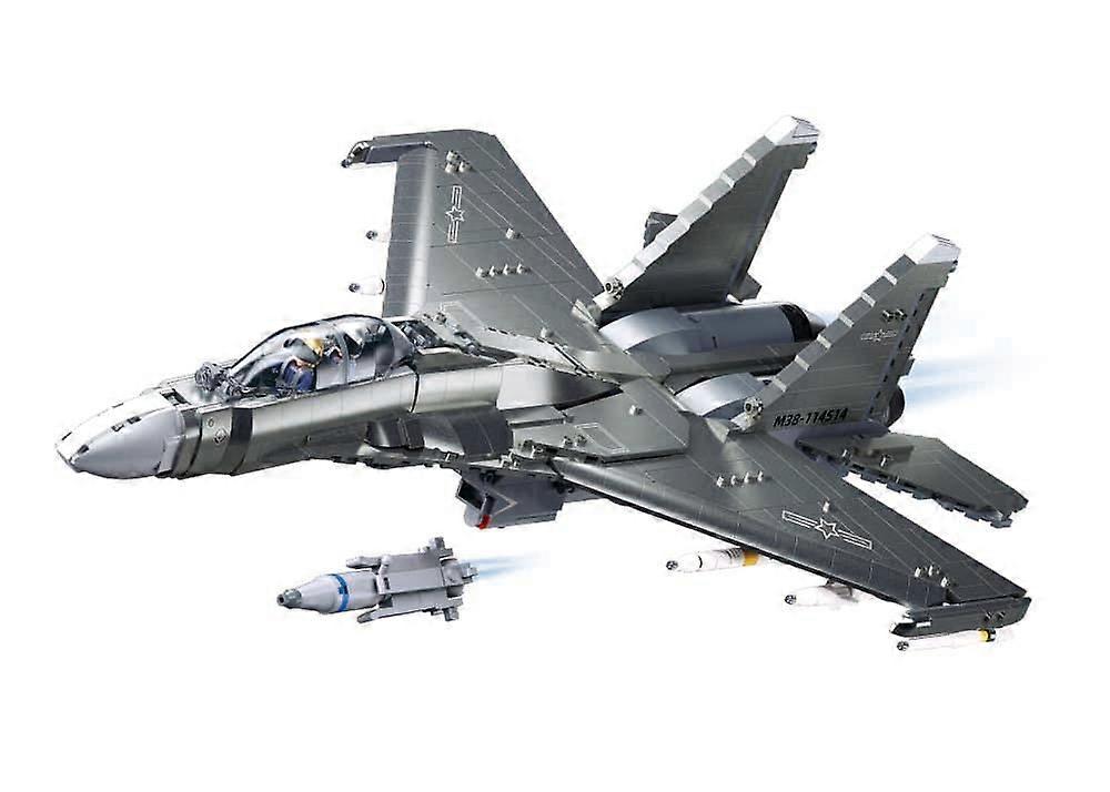 Military fighter jet building block model, 48.3 cm, with 2 pilot figures and crocodile bonus, Gray, M38B1273