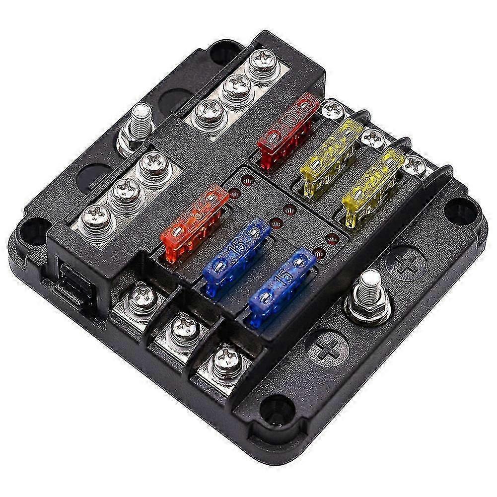 6-Way Blade Fuse Box with Negative Bus and LED Indicator for 12V Vehicles
