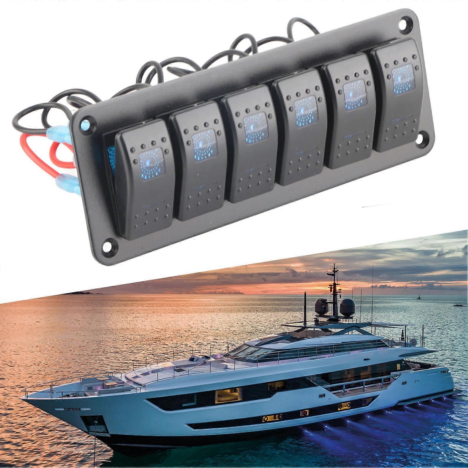 6 Gang Rocker Switch Panel LED Backlit On Off Switch Waterproof Circuit Protection for Car RV Bus Marine Boat ATV UTV Blue 
