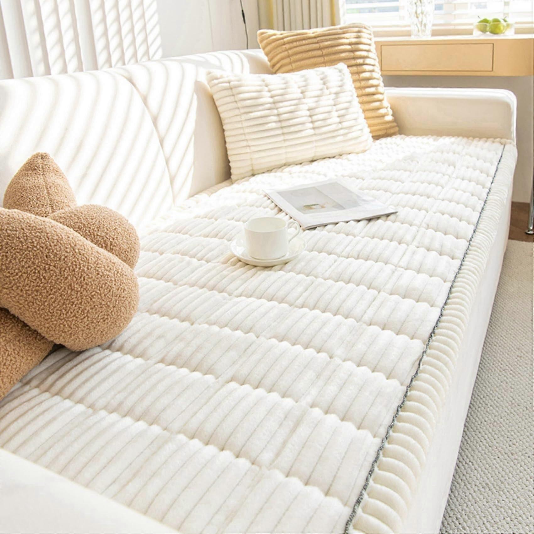 Soft Corduroy Box Cushion Cover AntiSlip Sofa Slipcover, Stretchable (White,90*180cm)