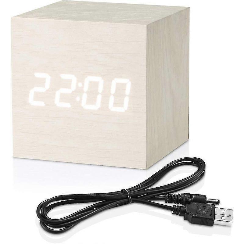 Digital Alarm Clock White, Led Light Mini Modern Cube Desk Alarm Clock Displays Time Date Temperature