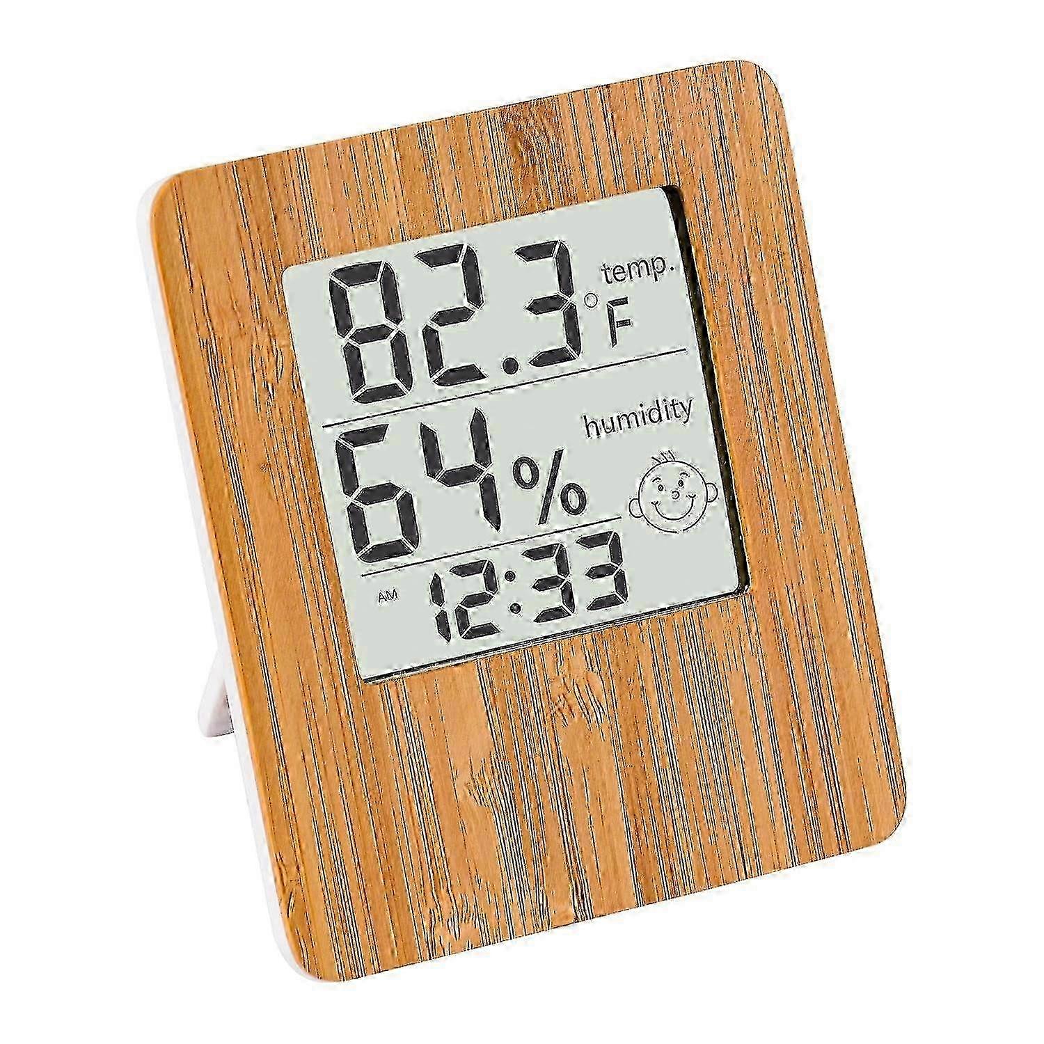 Digital bamboo hygrometer for home use with clock and humidity sensor