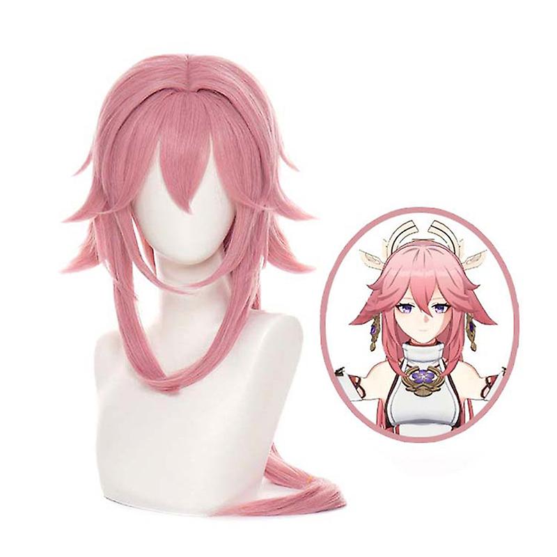 جينشين إمباكت ياي غوجي كوسبلاي شعر مستعار 80 سم وردي مستقيم شعر مستعار مقاوم للحرارة