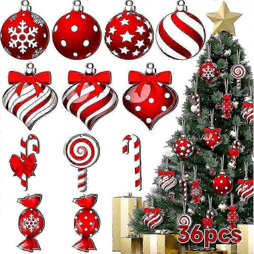 36Pcs 2D Flat Christmas Tree Ball Candy Ornaments Candy Cane Xmas Decorations