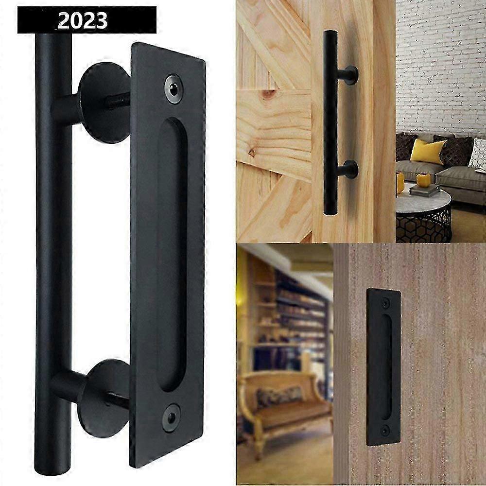 Barn door handle set, matte black, solid steel material