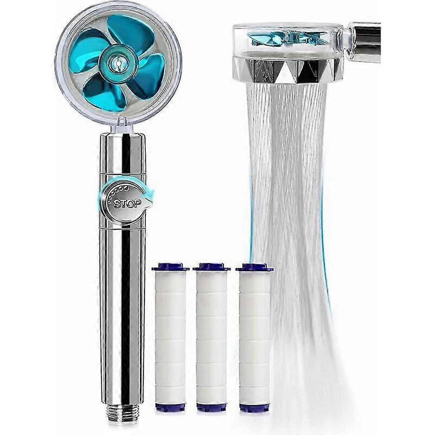 Hand Shower, Water Saving Anti-Limescale Shower Head, High Pressure Propeller Shower Head Three-Level Filter Filter System with 3 Replaceable PP Cotto