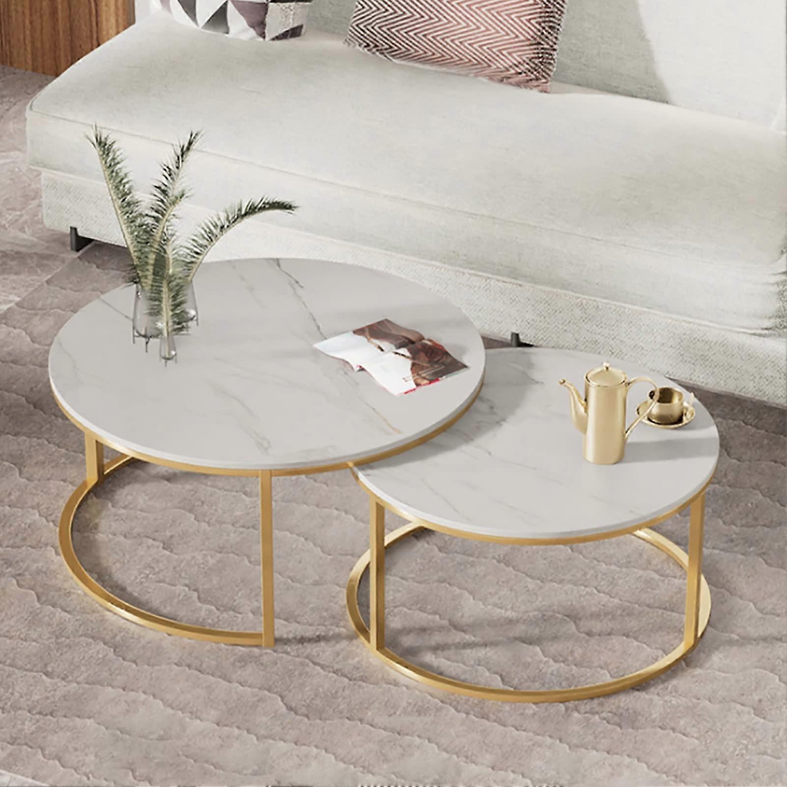 Modern Marble Texture Nesting Coffee Table  Round, Set Of 2, Stackable, Metal Frame, For Living Room Balcony Or Office