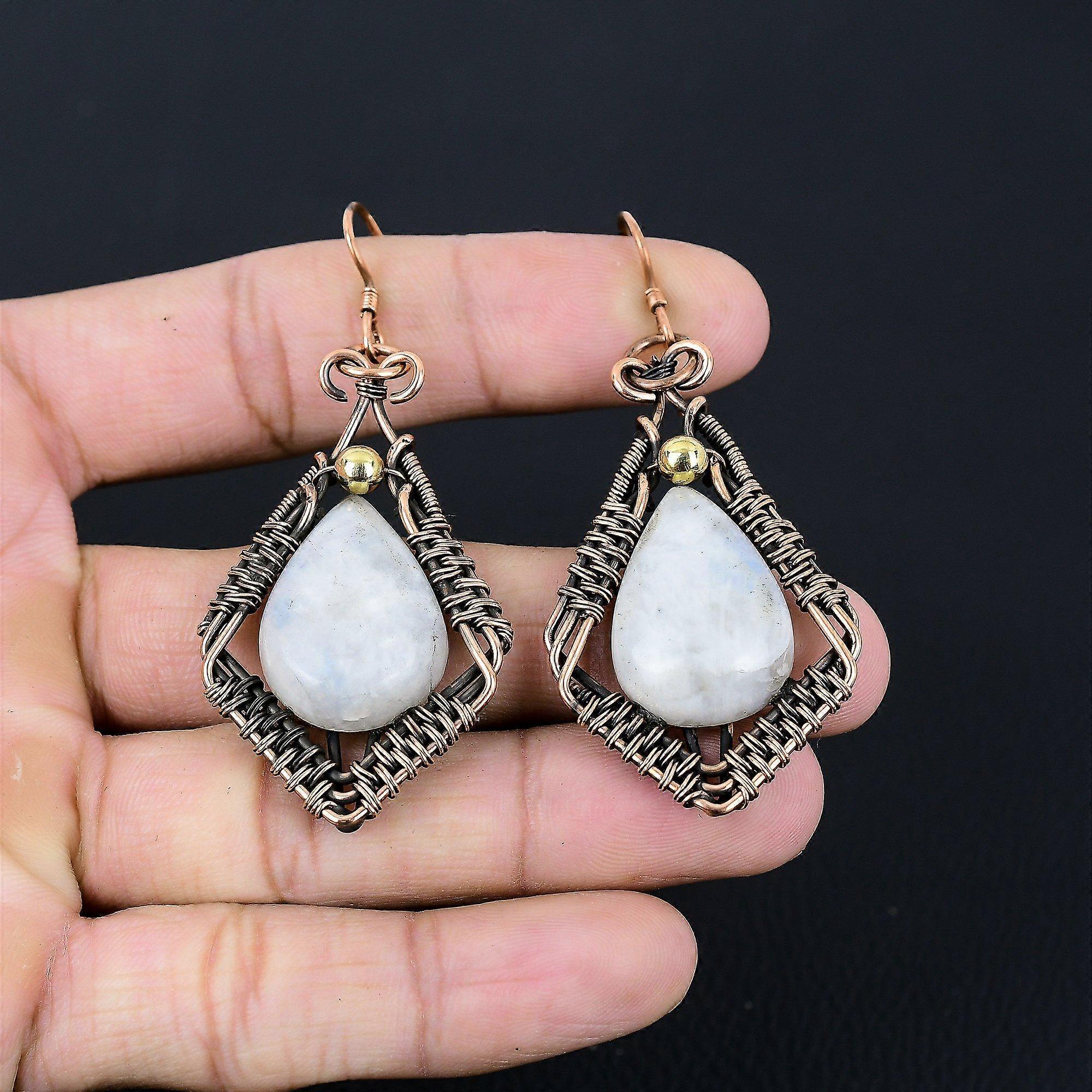 Orecchini con pietra di luna, realizzati a mano, avvolti in filo di rame puro, meravigliosi gioielli