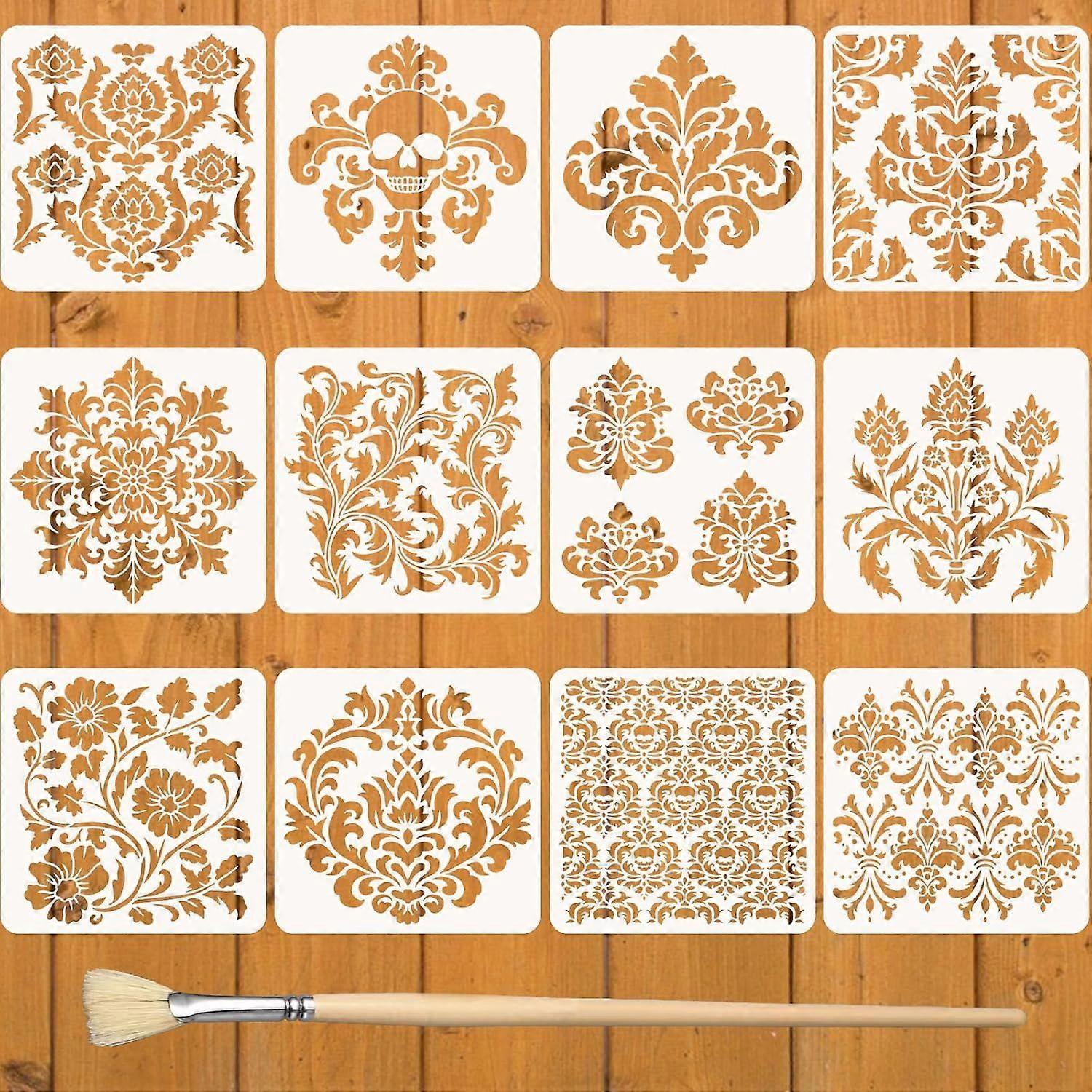 12PCS Large Mandala Stencils 11.8 x 11.8 Inch Damask Stencils for Walls Large Texture Drawing Templates with Brushes Mandala Templates for Painting on