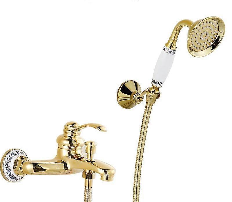 Luxury Gold Bathtub Faucet Set with Crystal Handles, Wall Mounted Mixer and Handheld Shower