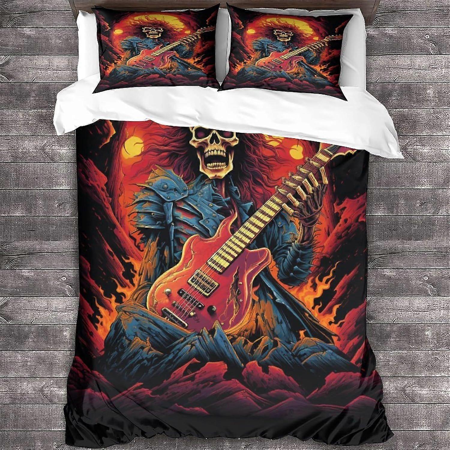 Conjunto de capa de edredom Rock 'n' Roll com estampa de guitarra heavy metal, 3 peças, capa de edredom macia em microfibra com estampa de caveira 3D, fechamento em zíper e fronhas.