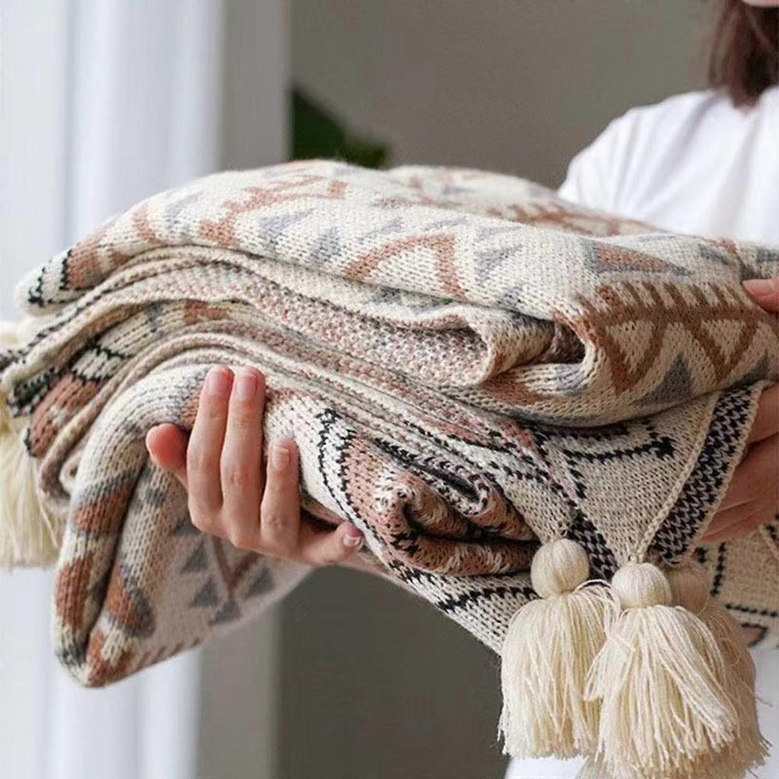 Bohemian Knitted Throw Blanket 80x110 Multi‑Purpose Boho Style for Sofa, Camping and Travel