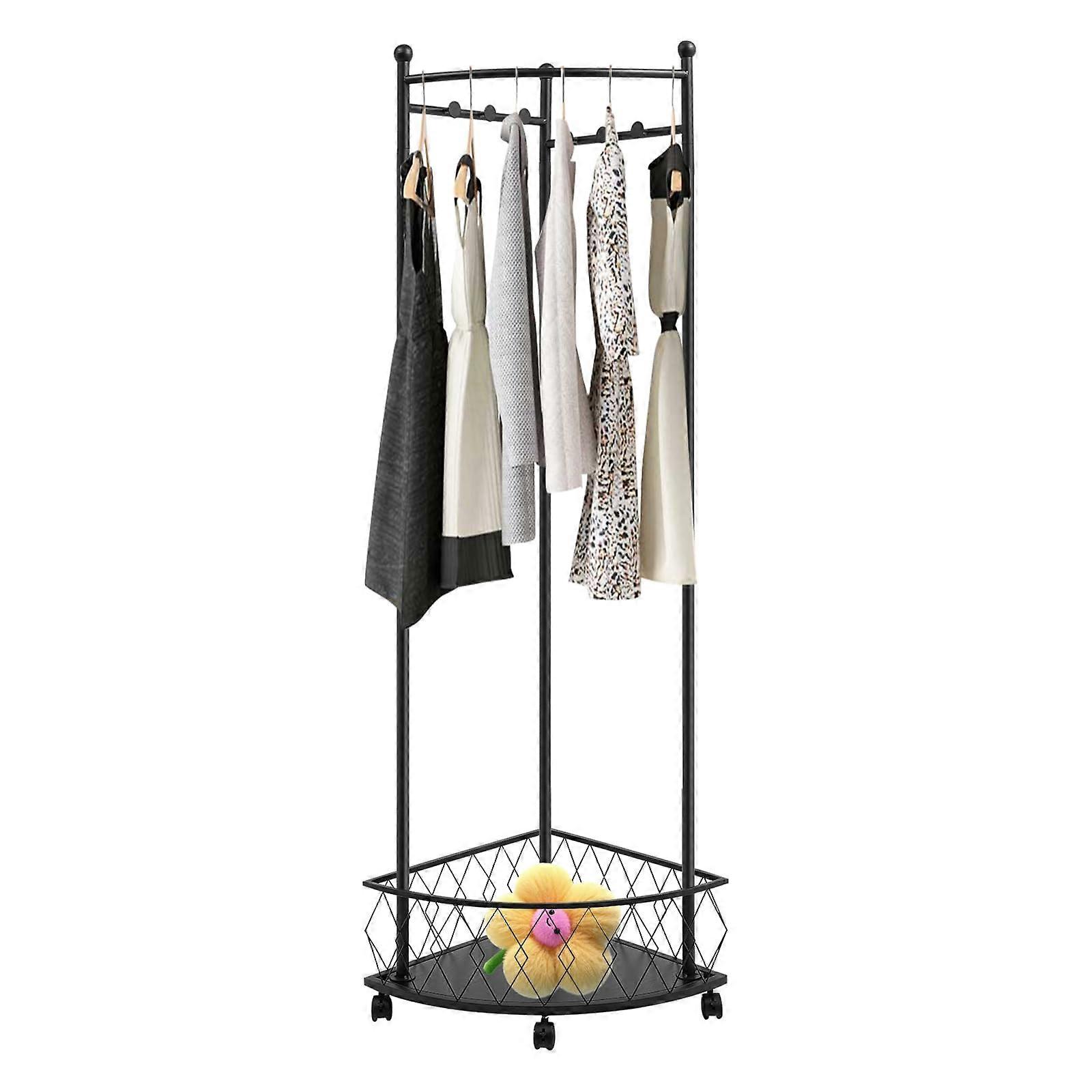 Corner Coat Rack with Wheels and Shelf, Entryway Hall Tree with Hooks and Storage Basket, Black