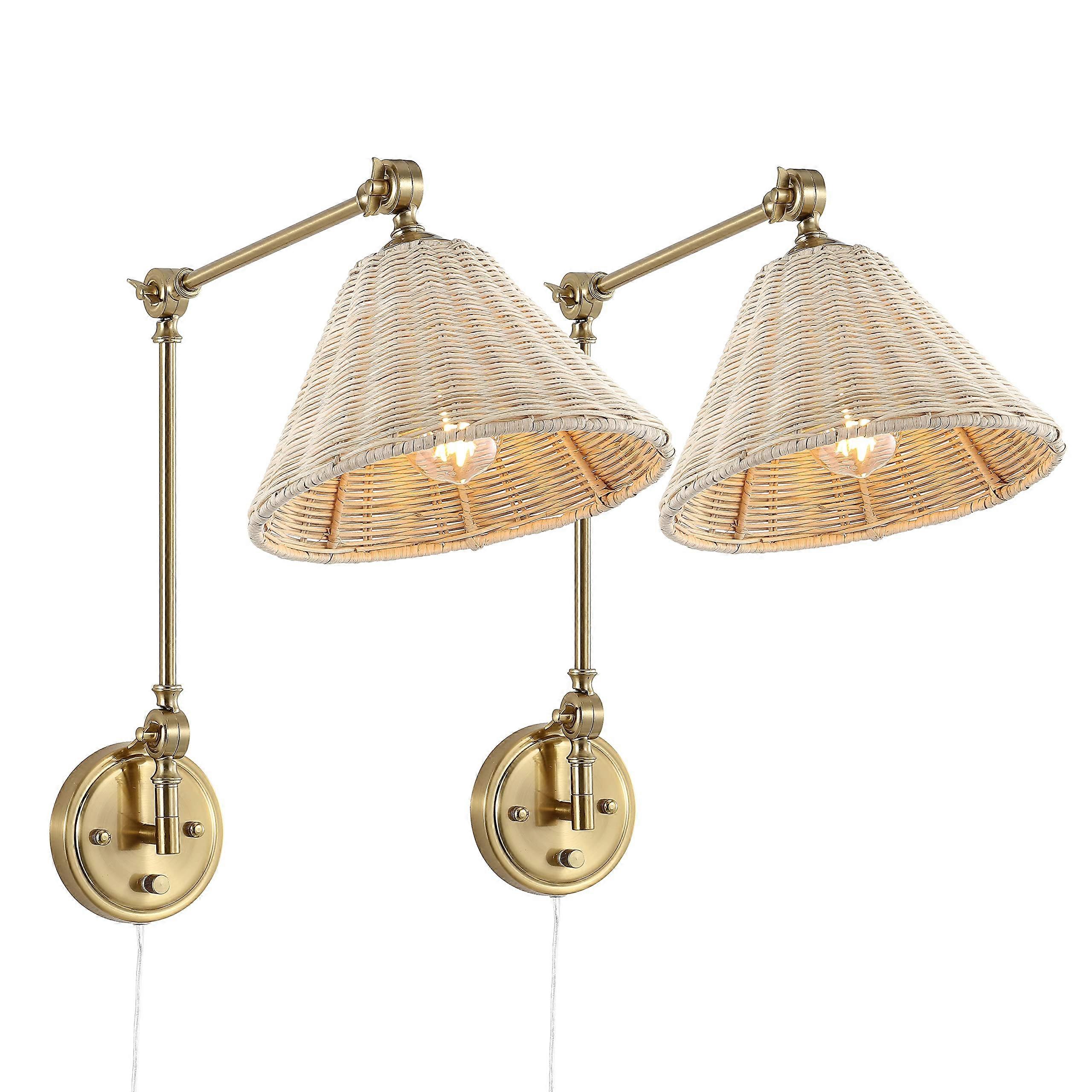 Vintage Brass Adjustable Swing Arm Wall Sconce with Rattan Shade, Plugin or Hardwire, 2 Pack