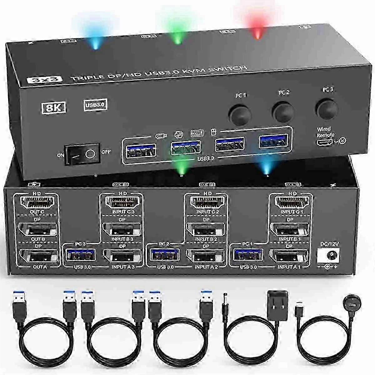 4K@144Hz -Compatible KVM Switch 3 Monitors 3 Computers,2 Displayport KVM Swticher,8K@30Hz,with 4 USB