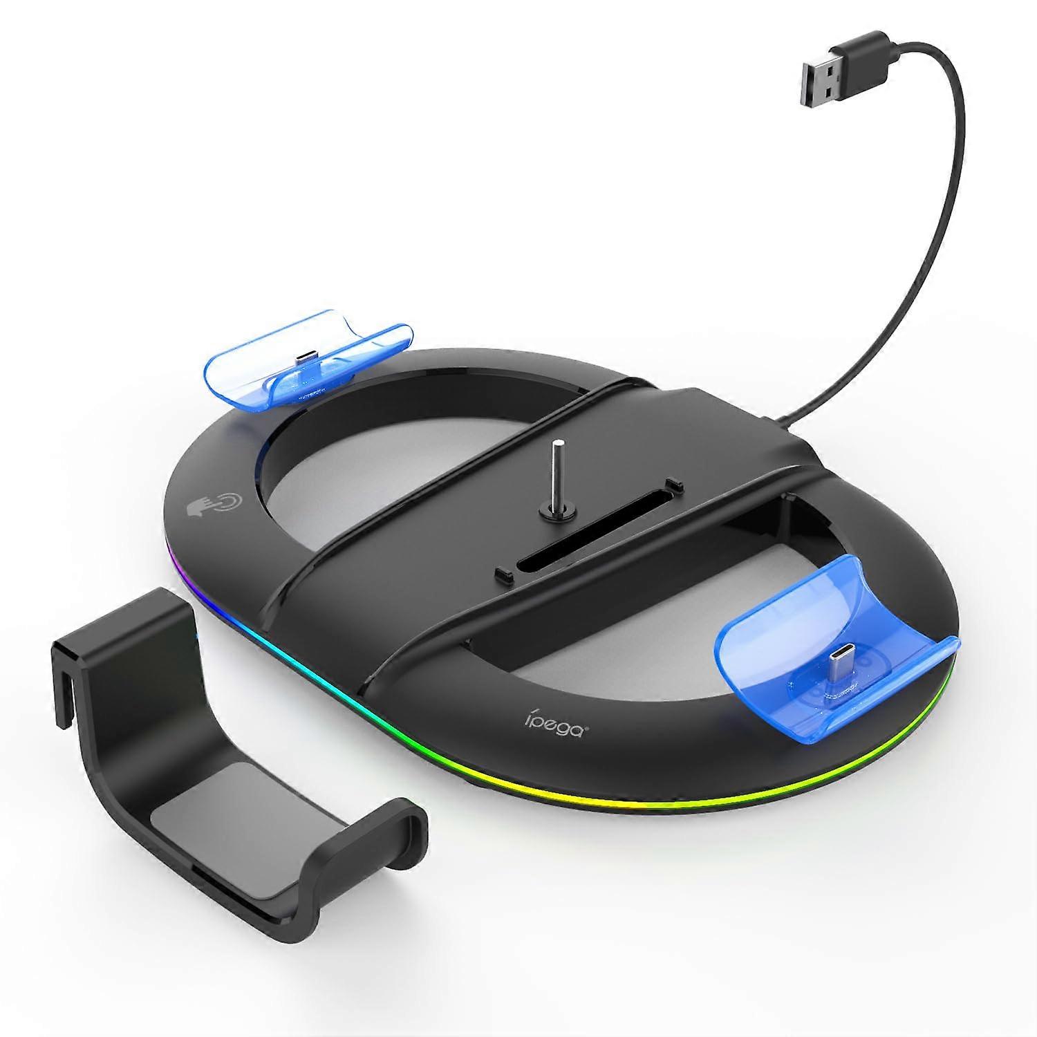 Vertical Stand with RGB Lighting, Dual Controller Fast Charging Dock and Headset Holder for PS5 Slim