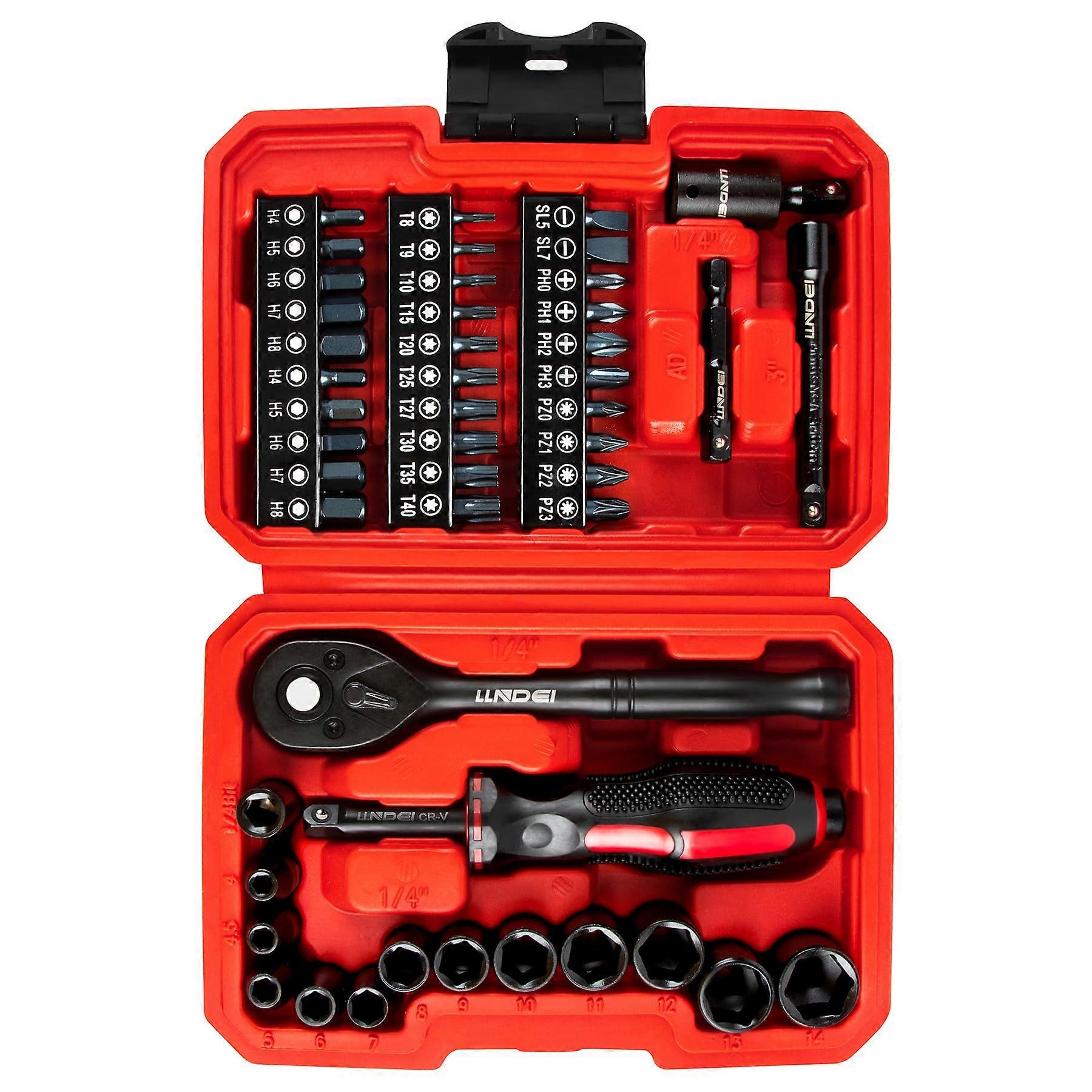 48pcs 1/4 Inch Drive Metric Socket Wrench Set, 6Point Ratchet with Bits, Extensions and Case