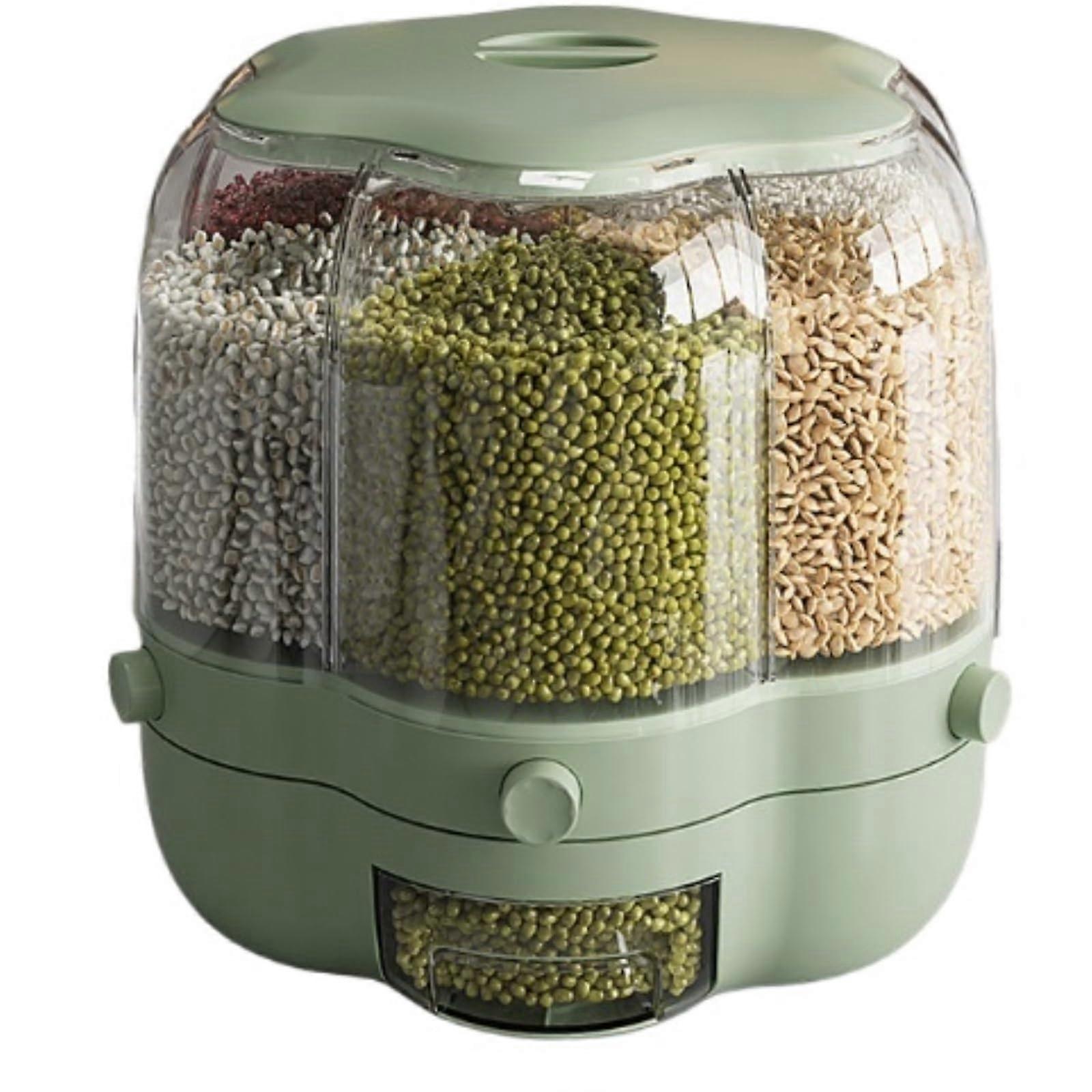 Grain Dispenser with 360° Rotation, 6Compartment Cereal Storage Container, MoistureProof Seal, 33cm Green