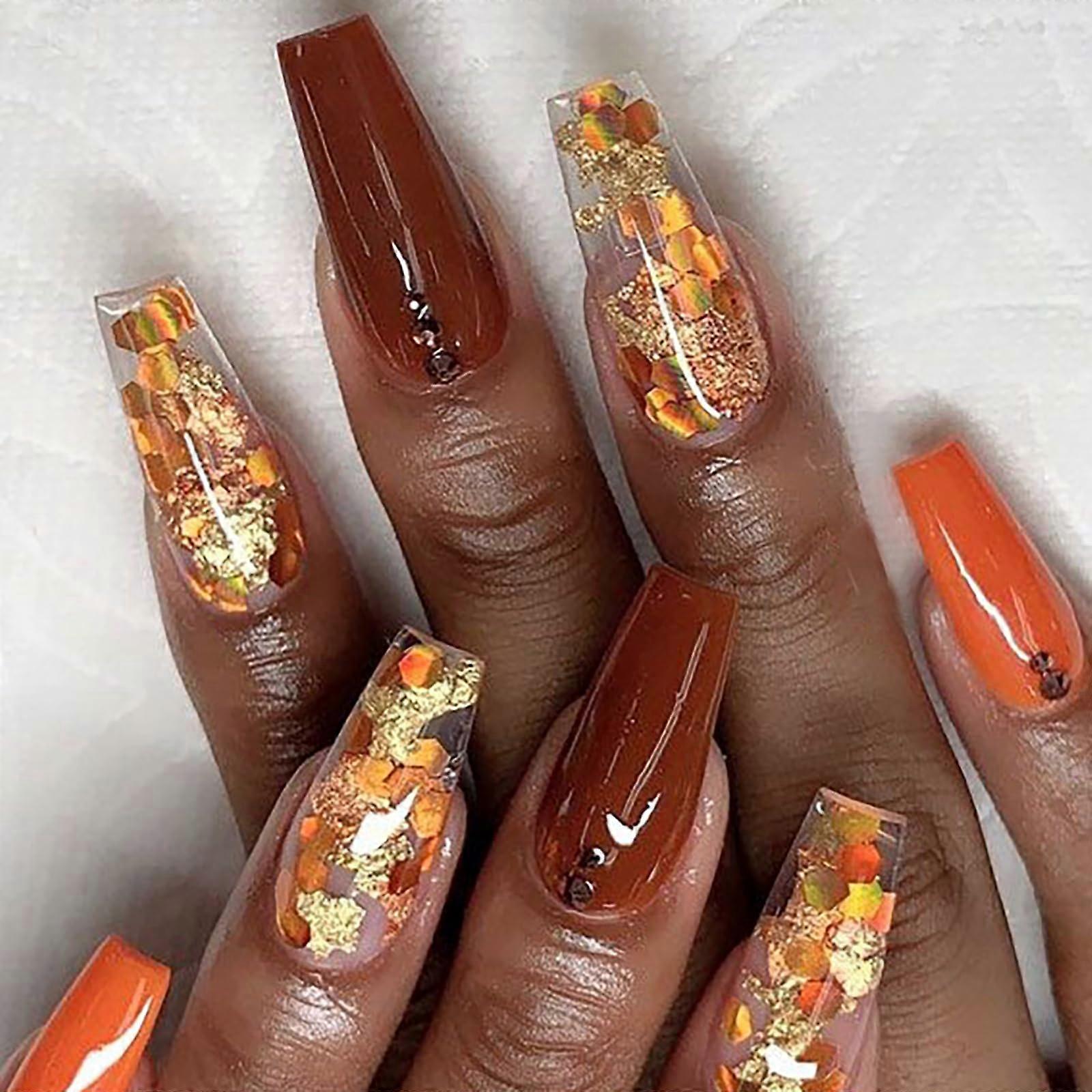 Long Coffin Press on Nails Set with Gold Glitter Maple Leaf Design Nude Autumn False Nails Kit