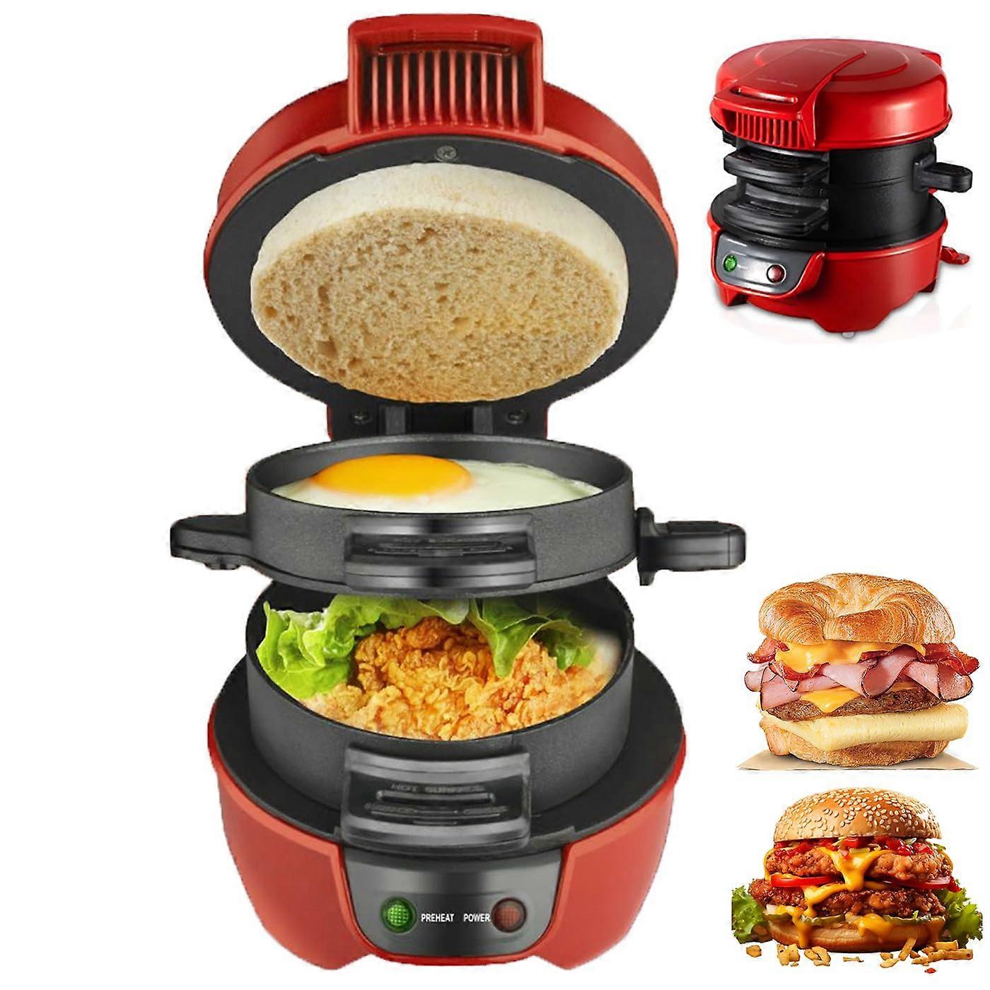 Breakfast Sandwich Maker with Egg Cooker, NonStick Dual Surfaces, 5Min Ready, SpinOut Board, Red