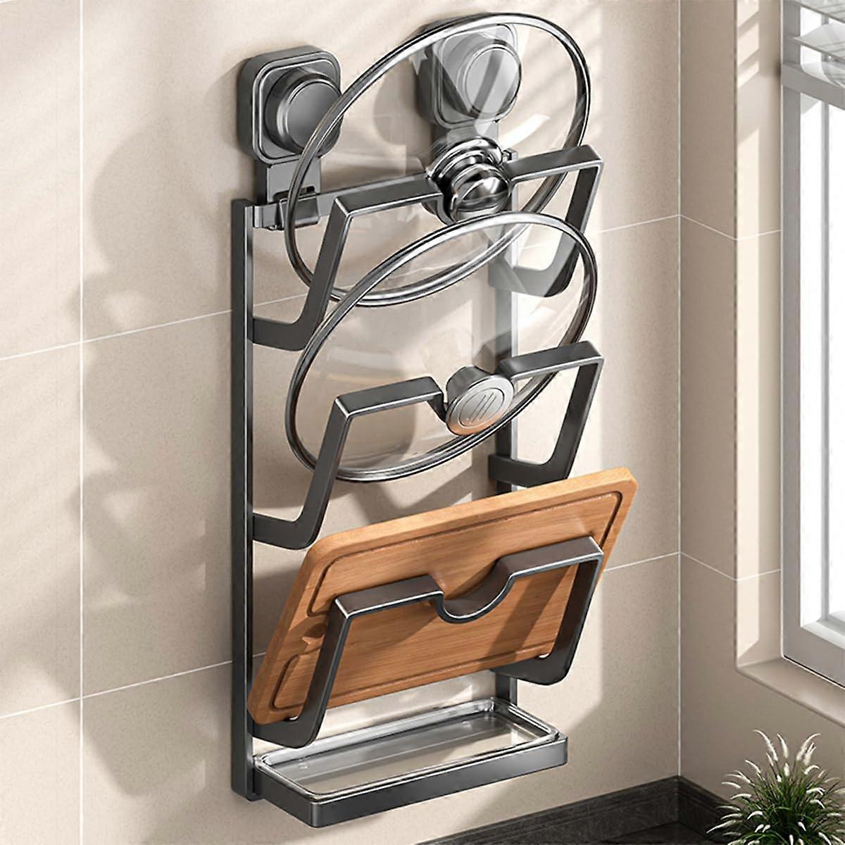 Wall Mounted Pot Lid Organizer with Drip Tray, 3Tier SpaceSaving Kitchen Rack, Gray Metal Frame