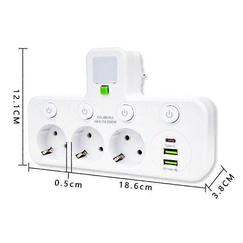 EU Plug Power Strip with 3 AC Outlets +2 USB Ports+1 Type C,with Light Plug Socket Adapter Wall Cha