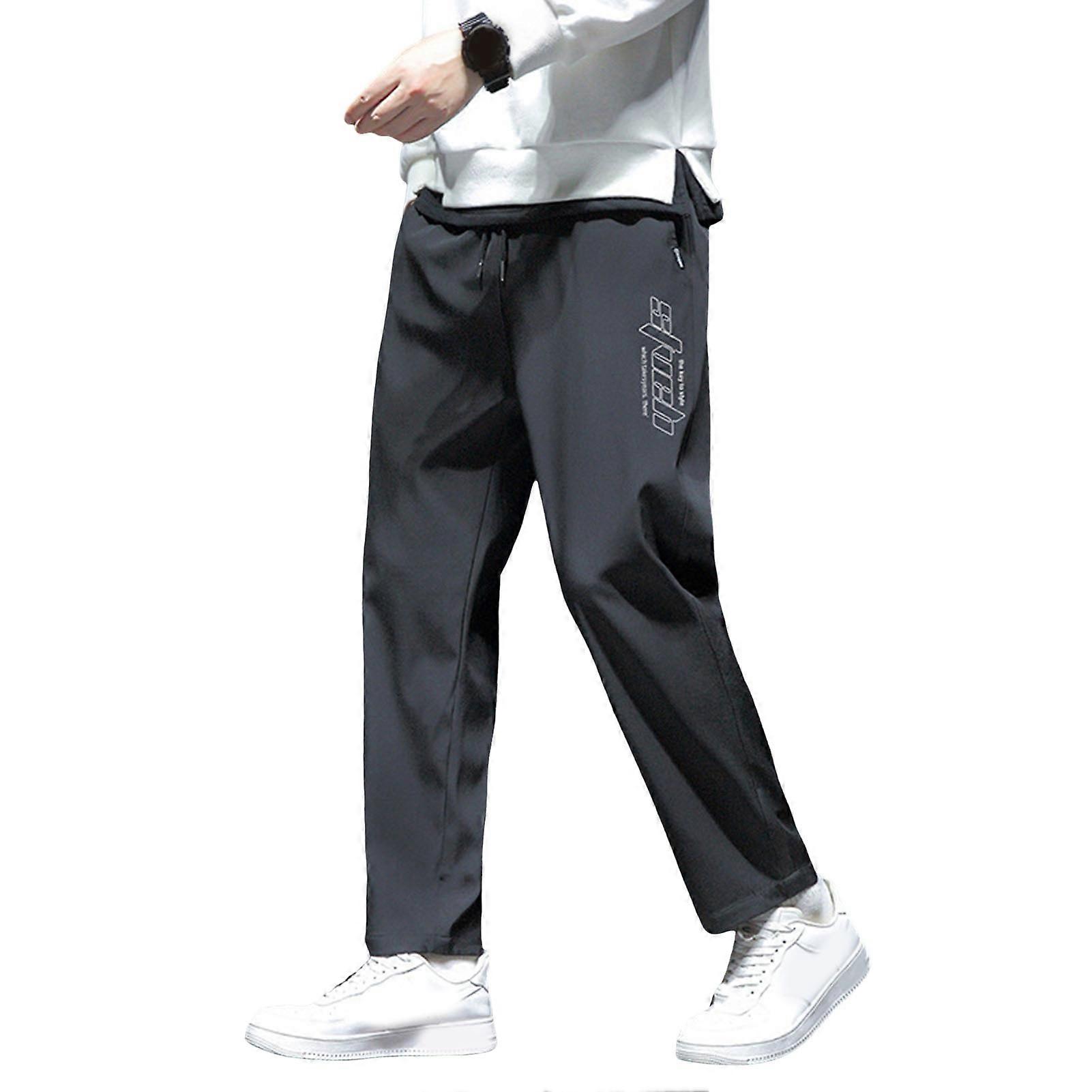 Men Spring Fall Pants with Side Pockets Drawstring Elastic Waist Wide Leg Thin Slacks Solid Color