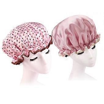 2pcs Shower Caps Dots Pattern Waterproof Bathing Hat Elastic Shower for Women Men Pink Dots and Wine Red Dots)