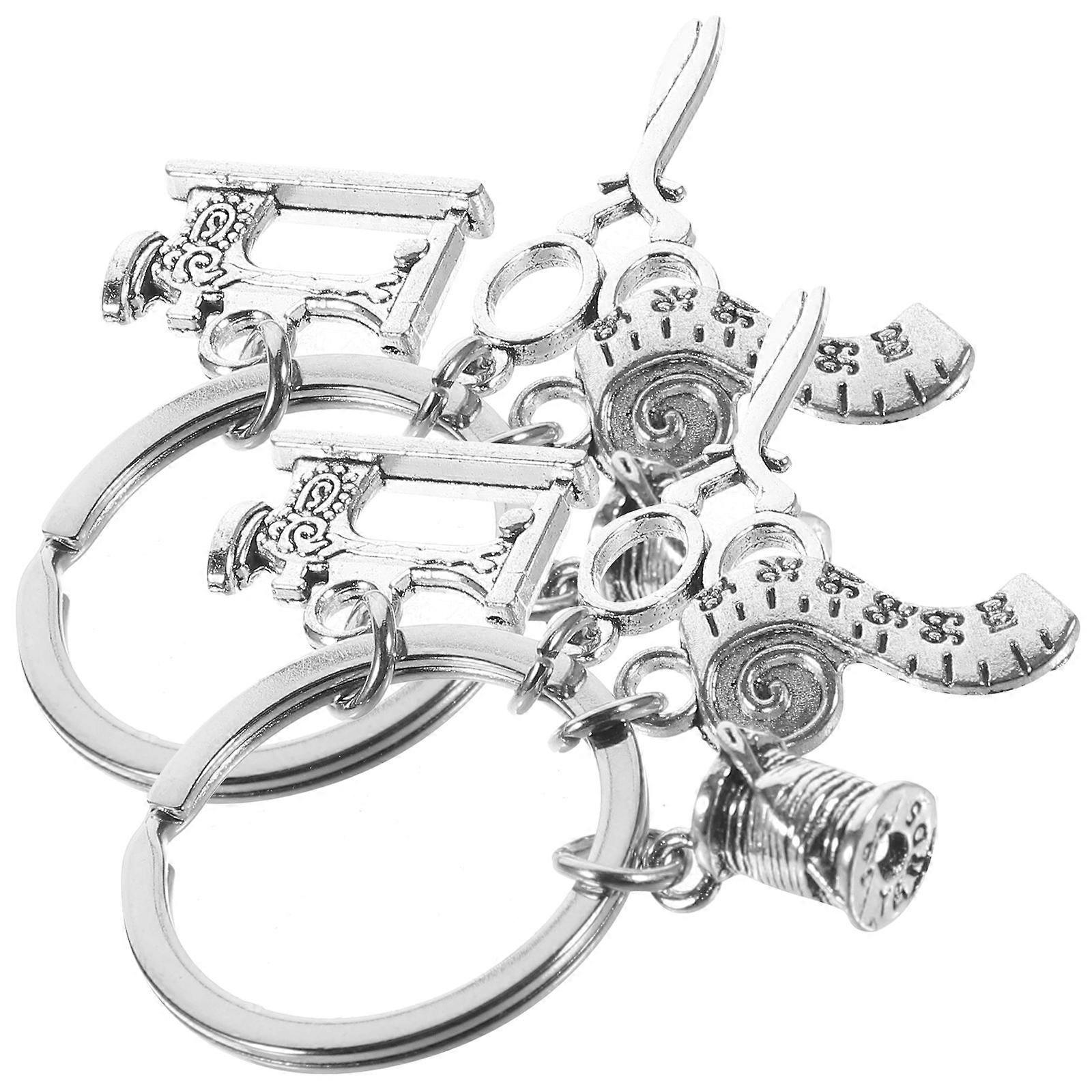 2Pcs Key Chain Key Ring with Sewing Machine Scissors Ruler Thread Pendant Charm
