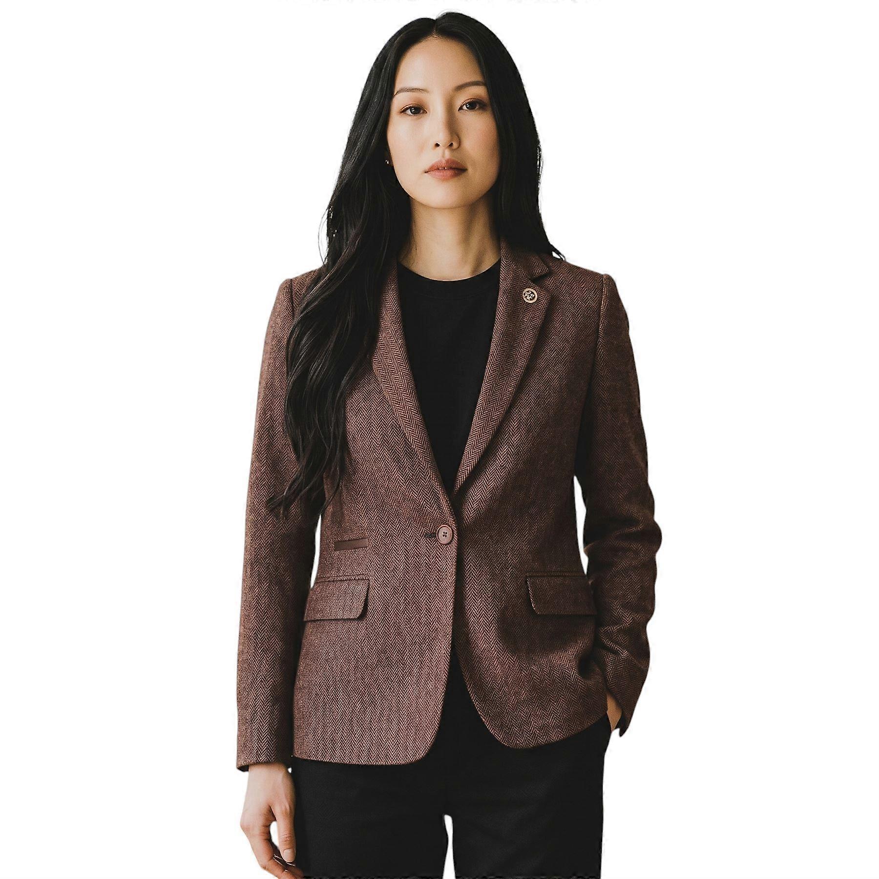 Women's Rust Brown Wool Tweed Herringbone Check Smart Blazer Jacket