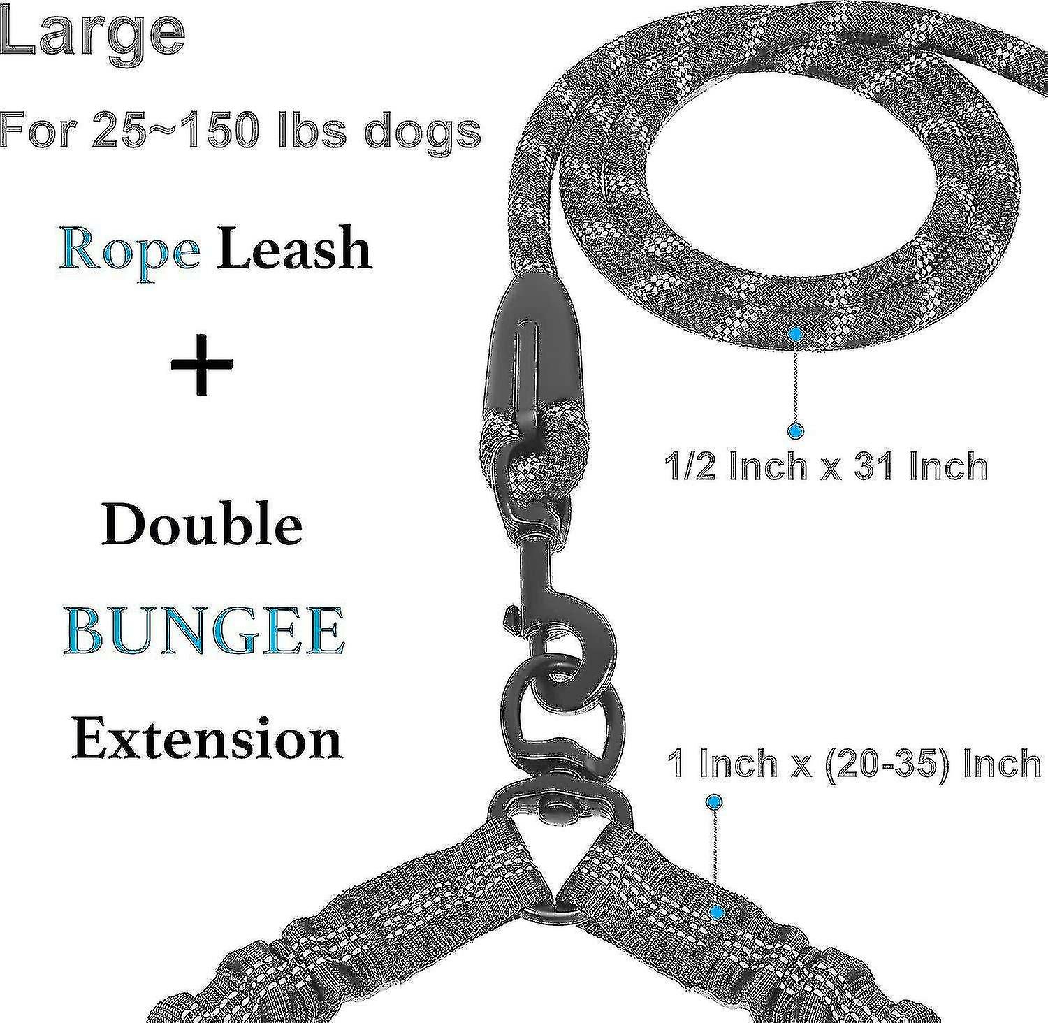 Double Dog Leash, 360 Swivel No Tangle Walking Leash, Shock Absorbing Bungee, Black, (25-150 Lbs)( C