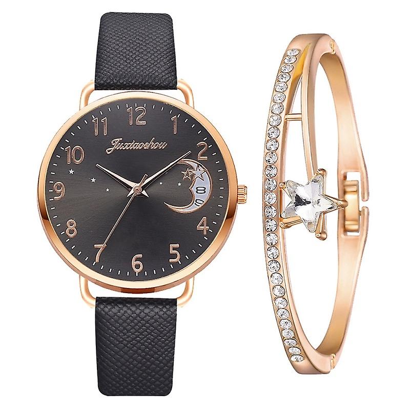 Ladies Moon Pattern Dial PU Strap Quartz Watch, Color: Black+Bracelet Black+Bracelet