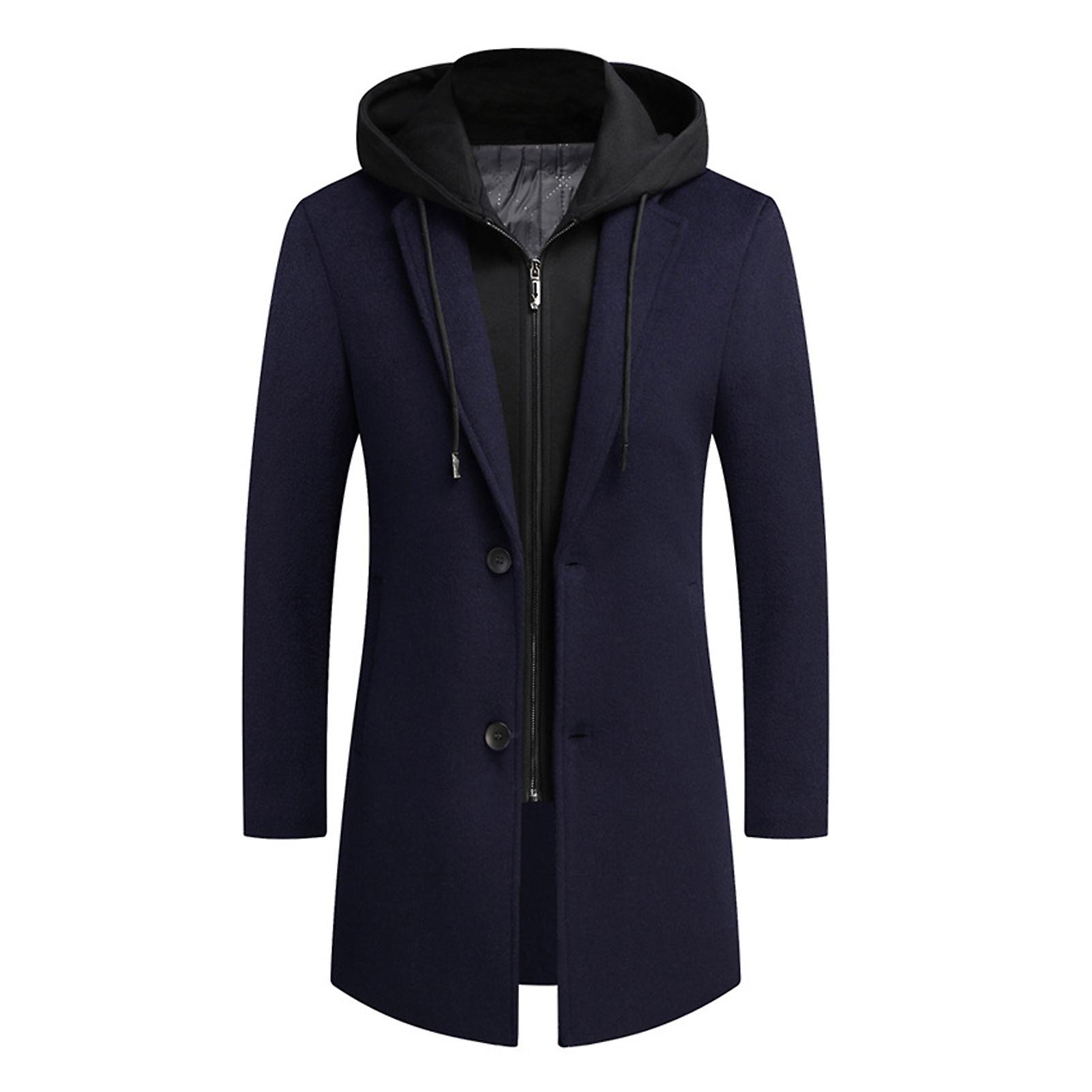 Men Winter Overcoat Fake Two Piece Wool Long Sleeves Mid Length Zipper Warm Formal Plus Size Detachable Hat Winter Coat